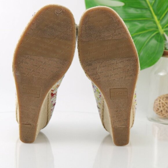 TOMS Womens Bernardo Pump Size 9 White Red Splash Canvas Open Toe Wedge Heel - Picture 12 of 12